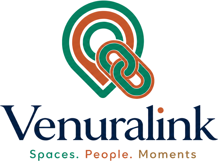 Venuralink logo: a location pin interlocked with a chain link, above the wordmark and the tagline Spaces. People. Moments.